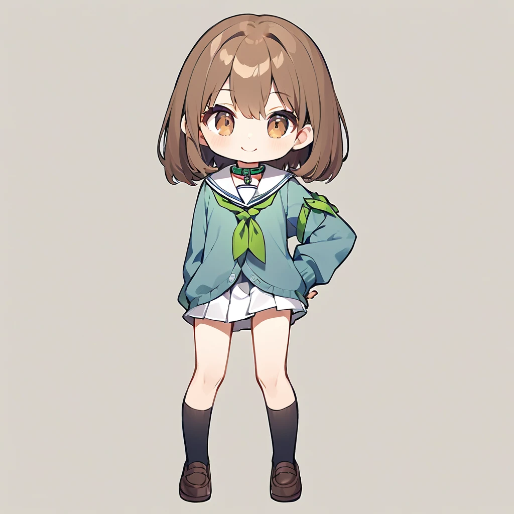 - **Hair**: Short, brown hair with a simple, straight style, reaching just below the ears.
- **Face**: Fair complexion with a gentle and friendly expression. She has brown eyes and a small smile.
- **Clothing**:
  - **Top**: Navy blue cardigan worn over a white sailor-style  with green accents on the collar and a green ribbon tied in front.
  - **Bottom**: Short pleated skirt with white and green stripes.
- **Accessories**: Green ribbon tied around the collar with a small pendant.
- **Footwear**: Brown loafers with black knee-high socks.
- **Pose**: Standing with her left hand on her hip and her right arm extended outward.
- **Build**: Slim and of average height, indicating a typical .solo, No background
