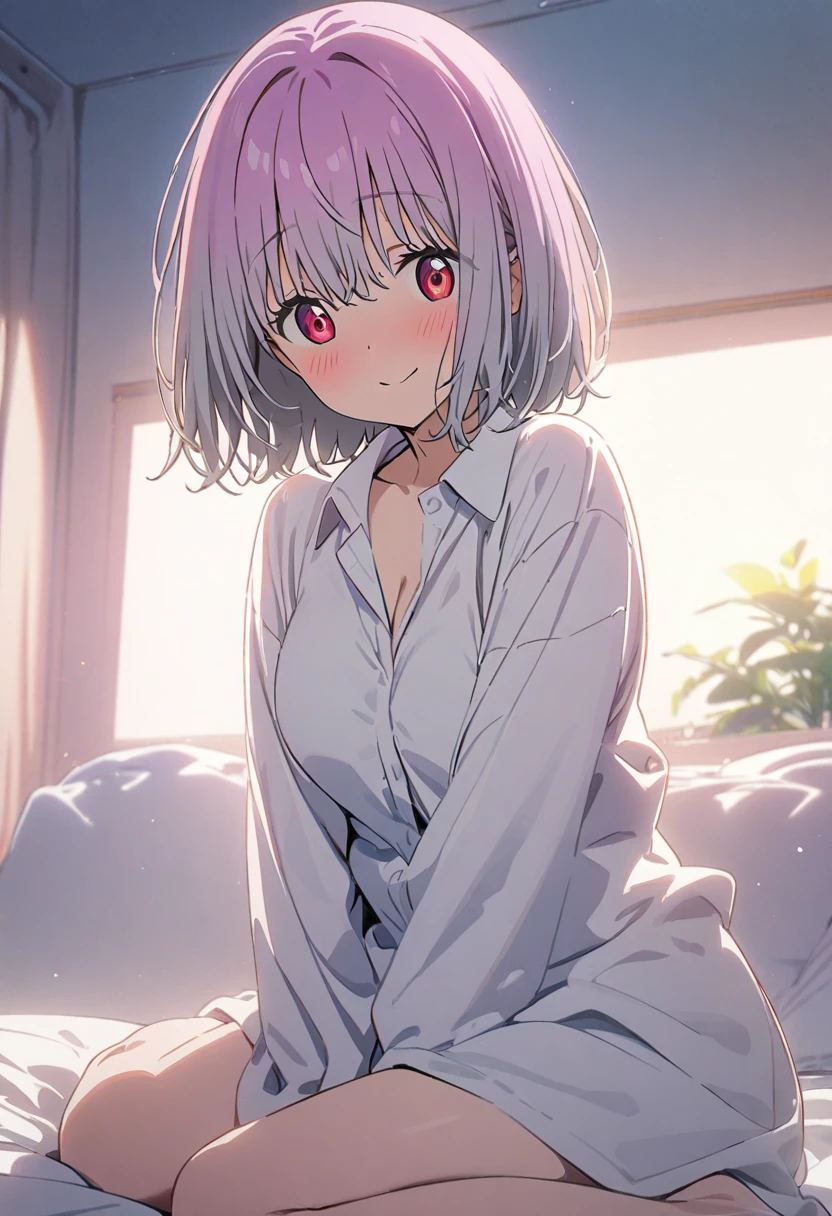 1girl, shinjou akane, gridman universe, naked shirt,big white collared shirt,sleeve past hands,lying on the bed,blush,embarrased,smile,soft lighting, pastel colors, bedroom scene,masterpiece, best quality, absurdres,