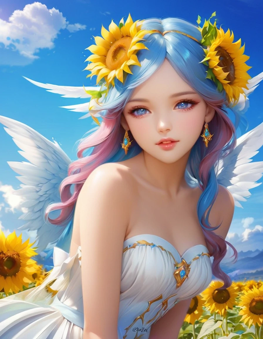 Close-up of a woman with blue hair and sunflowers, Beautiful angel, of an beautiful Angel Girl, Beautiful sunflower anime girl, Beautiful woman angel, of Beautiful angel, Beautiful fairy, beautiful Angel Girl portrait, portrait of a Beautiful angel, Angel Girl, Fantasy Beautiful, Beautiful fairyたち, Beautiful gorgeous digital art, Beautiful fantasy art portraits, Young One Angel, Beautiful digital art