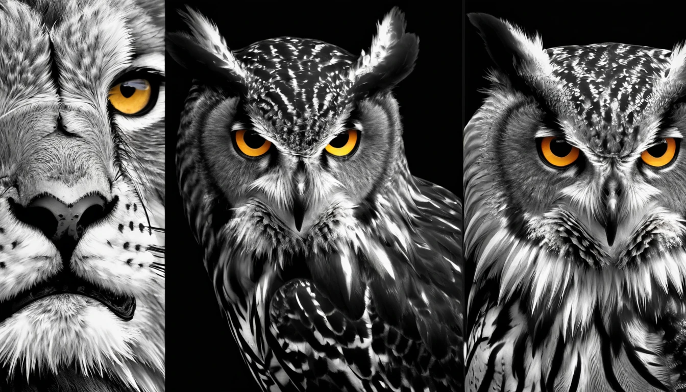 create an image divided into 3 parts, these images must be a close-up of the face of 3 animals, each is the representation of an archetype, first animal and an owl (located in the left corner in the first part of the image), second the lion (located in the center of the image), third animal is eagle (located in the third part of the image in the right corner of the image), the image must be divided equally vertically and no part must invade or overlap the other, the image must be made in black and white, ultra-realistic, 8k, extreme sharpness and details, black background, (Owl, Lion, Eagle), ( An image with 2 divisions and three parts), all facing the camera, division in black