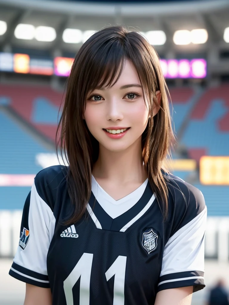 (Highest quality、8k、32K、masterpiece)、(Realistic)、(Realistic:1.2)、(High resolution)、Very detailed、Very beautiful face and eyes、(((Women's solo shots)))、Frame In、Tight waist、(Highest quality、Attention to detail、Rich skin detail)、(Highest quality、8k、Oil paints:1.2)、(Realistic、Realistic:1.37)、Bright colors、(((Cowboy Shot)))、(((Bob Hair)))、(((A happy look)))、(((Black Hair)))、(((Soccer uniforms)))、(((ブルーのSoccer uniforms)))、(((Football Stadium)))、(((Enthusiastic audience)))、(((Uniform without lines)))、(((Short sleeve uniform、There are no lines on the sleeves)))、