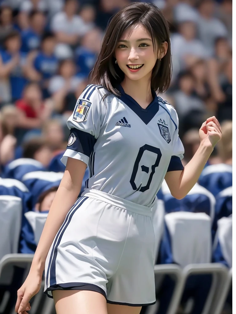 (Highest quality、8k、32K、masterpiece)、(Realistic)、(Realistic:1.2)、(High resolution)、Very detailed、Very beautiful face and eyes、(((Women's solo shots)))、Frame In、Tight waist、(Highest quality、Attention to detail、Rich skin detail)、(Highest quality、8k、Oil paints:1.2)、(Realistic、Realistic:1.37)、Bright colors、(((Cowboy Shot)))、(((Bob Hair)))、(((A happy look)))、(((Black Hair)))、(((Soccer uniforms)))、(((ブルーのSoccer uniforms)))、(((Football Stadium)))、(((Enthusiastic audience)))、(((Uniform without lines)))、(((Short sleeve uniform、There are no lines on the sleeves)))、