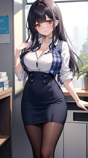 Highest quality, flying debris、Beautiful woman、officeレディー、Black Hair、(Brown eyes、Big Breasts、Blunt bangs)、long hair、チェック柄のダークブルーのofficeスーツ)、new employee,Full Body Shot、Female office lady、break(Dark blue checked vest、White dress shirt、Navy blue mini tight pencil skirt:1.2)、(Black Pantyhose、garter belt、High heels)、break(office:1.3)、Cleavage、Shirt buttons fly off、Absolute area、blush、Embarrassing、Standing posture、Open your mouth、Exposing the breasts、Bare your chest、No pants、Very good、Nipples are visible、Exposing the nipples