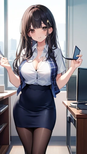 Highest quality, flying debris、Beautiful woman、officeレディー、Black Hair、(Brown eyes、Big Breasts、Blunt bangs)、long hair、チェック柄のダークブルーのofficeスーツ)、new employee,Full Body Shot、Female office lady、break(Dark blue checked vest、White dress shirt、Navy blue mini tight pencil skirt:1.2)、(Black Pantyhose、garter belt、High heels)、break(office:1.3)、Cleavage、Shirt buttons fly off、Absolute area、blush、Embarrassing、Standing posture、Open your mouth、Exposing the breasts、Bare your chest、No pants、Very good、Nipples are visible、Exposing the nipples