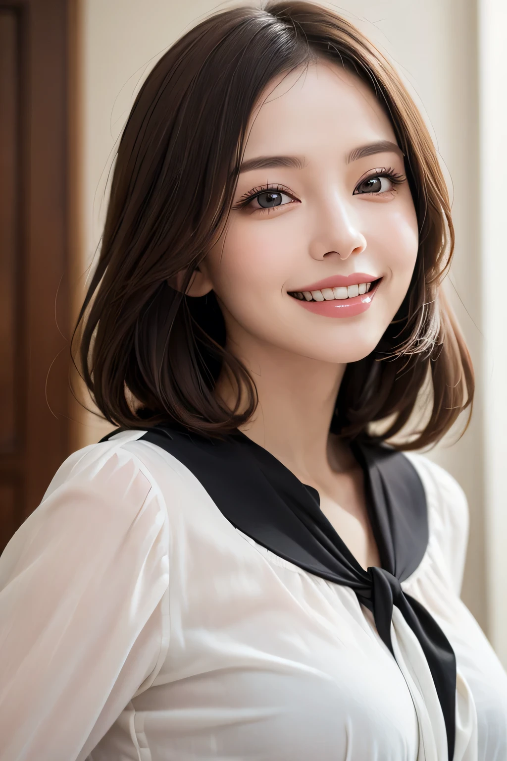 ((masterpiece)), ((Highest quality)), ((Complex)), ((Surreal)), (Realistic), (Mature Woman), ((No classes)), Very detailed, (1 female), Beautiful and exquisite, (Beautiful Teeth), Grin, Brunette bob hair, Brown eyes, ((blouse)), (Upper Body), (background:none), Perfect Eyes, Captivating eyes, Looking at the audience