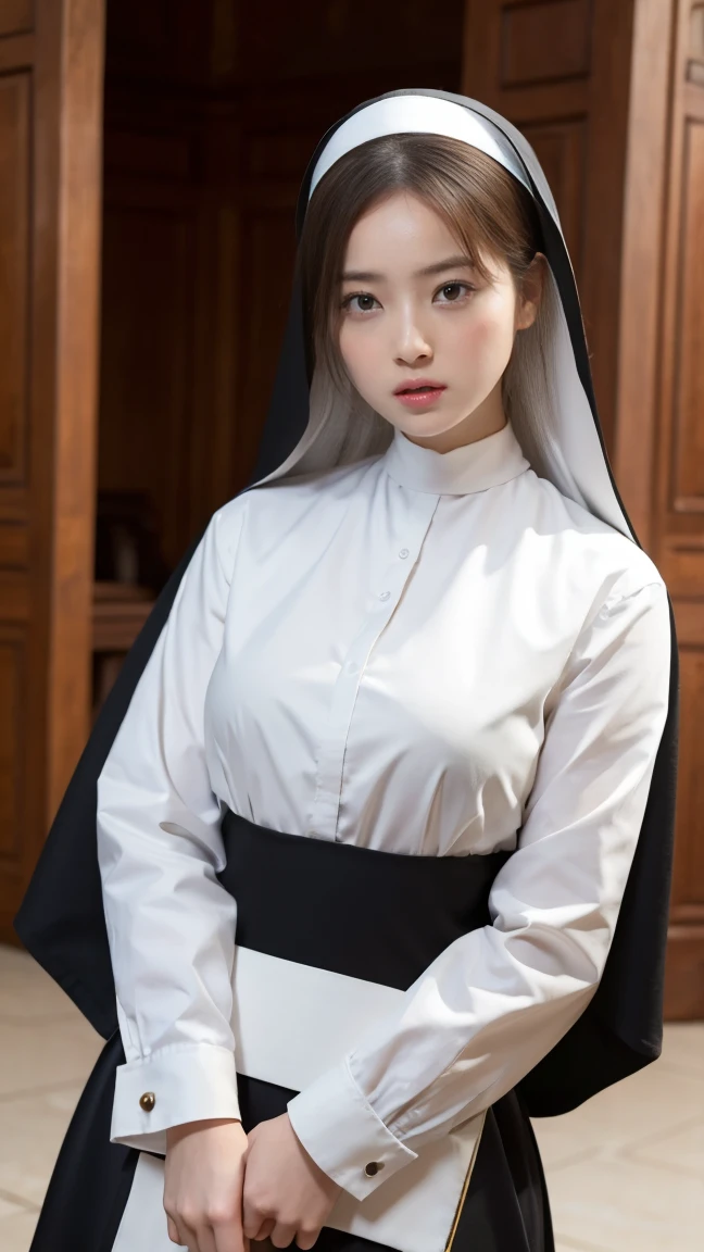 Highest quality,masterpiece,Ultra-high resolution,(Actual:1.4),Original photo,Ultra-high resolution，8k，1 woman，Fair skin、A nun&#39;s outfit in black、sister&#39;s outfit、Hair is bunched up。High heel boots，High waist、Long legs:1.5，Bright and beautiful，Flashy makeup using red eyeshadow，Old church。