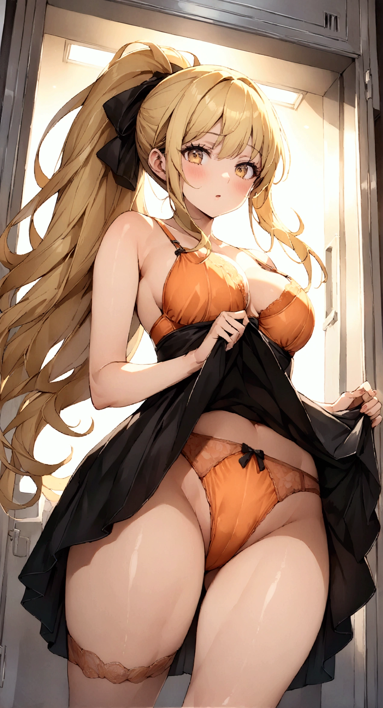 One Woman、locker room、Changing clothes、Reach for the hook of your bra、beautiful girl、Orange Bra、Orange Panties、In the process of taking off clothes、strip、Age 25、Long Hair, Highest quality, Thighs、Butt、ponytail、 Blonde、Take off your skirt、Raise one leg、Angle from directly below、Blouse half-removed
