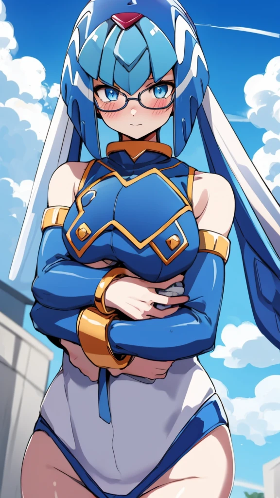 Leviathan_Megamanz, 1 Girl ,Looking at the viewer , blue hair, Blue eyes,Clouds background , Blushed, Wedding ring, Glasses, Holding a  girl in hands