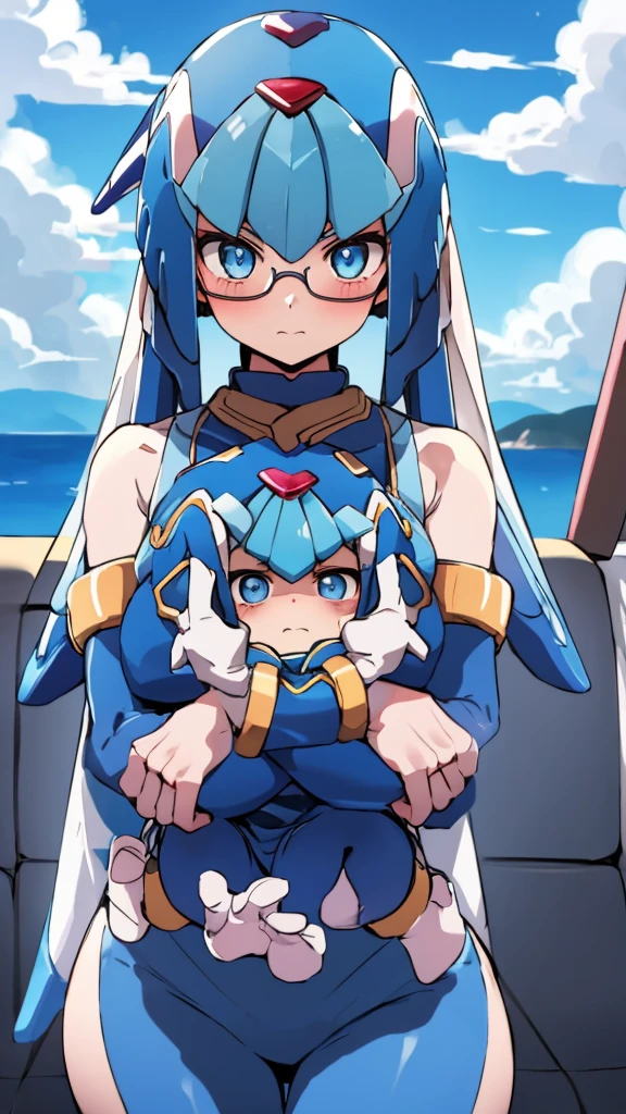 Leviathan_Megamanz, 1 Girl ,Looking at the viewer , blue hair, Blue eyes,Clouds background , Blushed, Wedding ring, Glasses, Holding a baby girl in hands