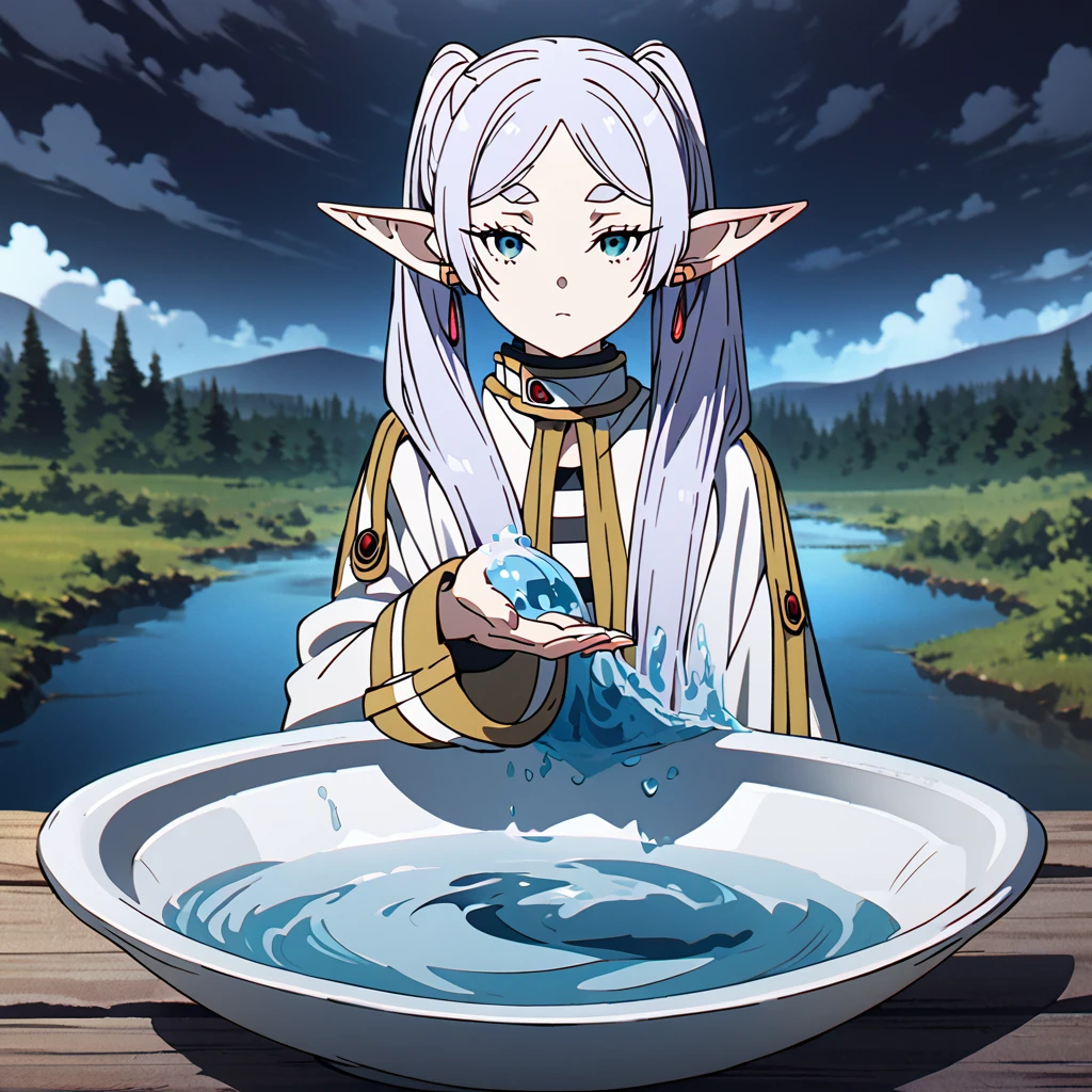 masterpiece, best quality, 4k、2D illustration, one beautiful girl, solo, frieren, pointy ears, elf, earrings, twintails, parted bangs, grey hair, thick eyebrows、((Serious Situations))、((serious face))、speaking something, ((long beautiful hair)), , standing, beautifully detailed eyes、((looking at viewer)), ((a plastic basin of water in her hand)), ((sousou_no_frieren))、((close up shot))、((wilderness background))、((night))、((cloudy sky))、 