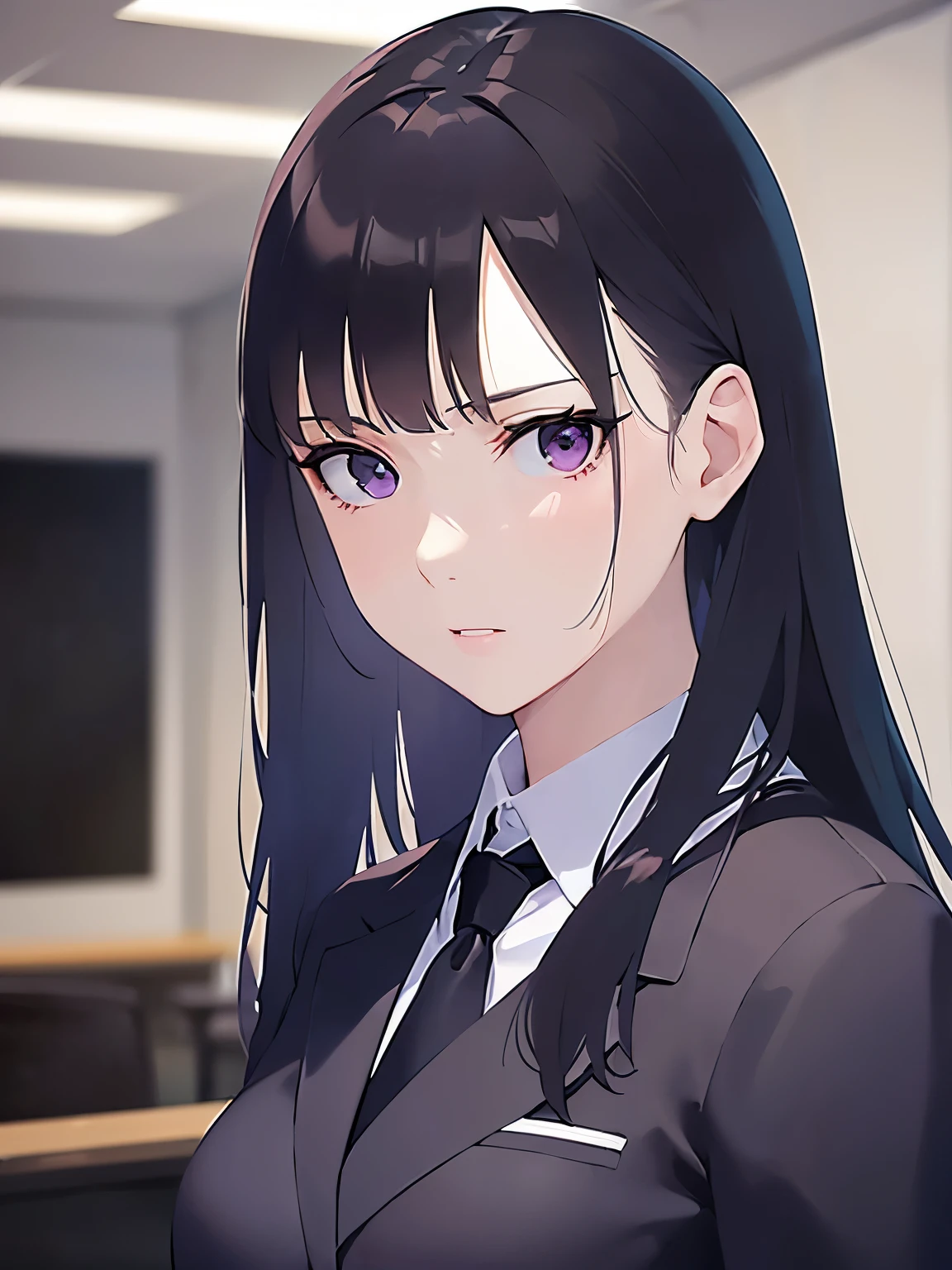 (looking away:1.5), side angle, Upper Body, Realistic, real person, (pale skin: 1.2), RAW photo, photorealistic, shiny skin, shiny hair、(A 25-year-old woman with straight hair and bangs) and (medium hair) and (black hair) and (purple eyes) , (business suit:1.5) and (white collared shirt)、annoyed, The background is a meeting room、Alone、Are standing