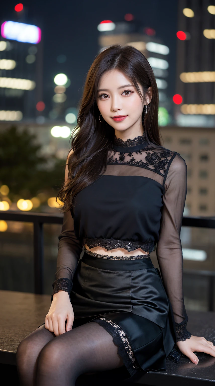 highest quality, masterpiece, 8K, ultra high resolution, (realistic: 1.4),  1 girl, beautiful face, symmetrical eyes, Japanese, smile, brown hair, perfect body proportions,  full body, smile , large breasts, high heels, wearing makeup , pantyhose,  ((black and white color lace fabric blouse)), ((silk black color skirt)), ((tight fitting skirt )), (laced long sleeve) , (city night, dark night, (blurred background), dim lights, cityscape,  in the dark, deep shadow, sitting, crossed legs, , (legs shown: 1.3)
