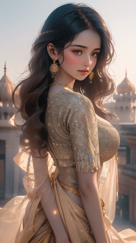 (best quality,highres,realistic:1.37)india's most beautiful lady,digital art wonders,princesscore,realistic historical fiction,charming detailed eyes and lips,fierce expression,historical attire,richly embroidered clothing,gold jewelry,dark wavy hair cascading down her back,flowing colorful silk saree,ornate palace in the background,historical architecture,detailed hand gestures,light amber candlelight,soft shadows and highlights,delicate facial features,meticulous attention to detail,subtle nuances of emotion,depth and richness in colors,expressive eyes that convey a sense of longing and strength,royal elegance and regal pose,graceful and confident stance,traditional henna patterns on her hands and feet,dusky complexion that glows in the warm light,realism with a touch of fantasy,impressive artistry,digital brushstrokes,soft and dreamlike ambiance,ethereal beauty,rich cultural heritage,indian art and folklore blended with contemporary digital techniques,masterpiece painting,pristine skin complexion,gorgeous traditional makeup,ornamental hair accessories,vibrant colors with a touch of darkness,dark white and light amber color palette,evocative and captivating art that tells a story,attention to historical accuracy while adding a touch of imagination,detailed background with architectural elements and intricate designs,deep emotional connection with the viewer.,huge gigantic breasts,curvy body, cleavage ,oily body,big ass,full body covered with jewellery,navel jewellery,thigh jewellery,anklet,long necklaces,heavy necklace,