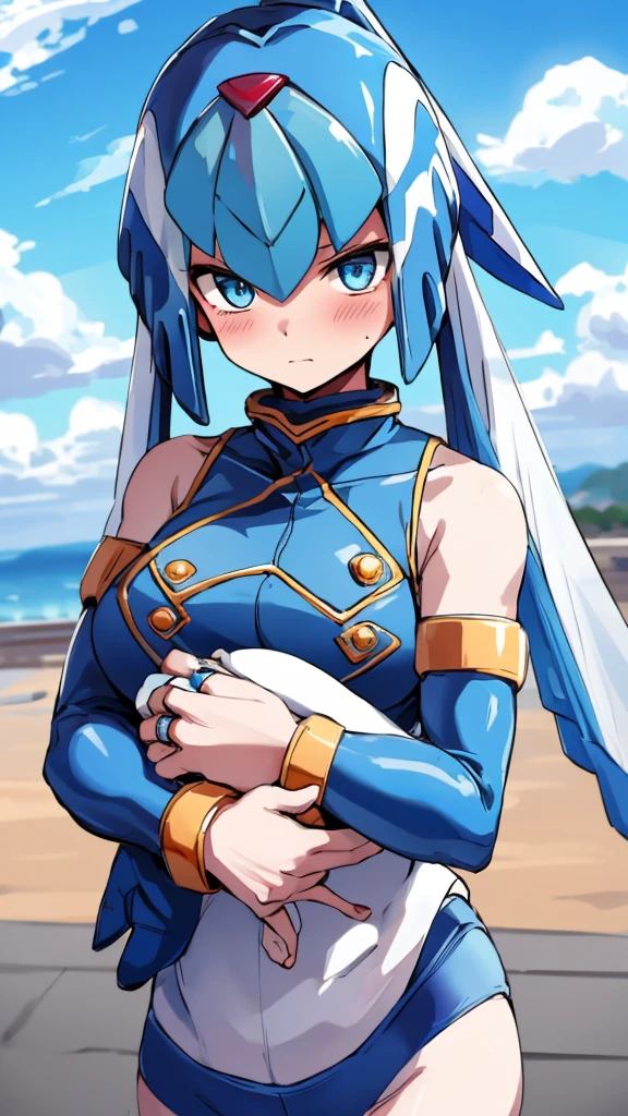 Leviathan_Megamanz, 1 Girl ,Looking at the viewer , blue hair, Blue eyes,Clouds background , Blushed, Wedding ring, Glasses, Holding a baby girl in hands