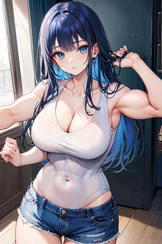 1girl, solo, (blue hair, long hair, bangs, blue eyes, cute face:1.0), (large breasts, muscular arms, muscular shoulders:1.2), (white shirt, cleavage, sleeveless, bare shoulders, bare arms, denim shorts), indoors