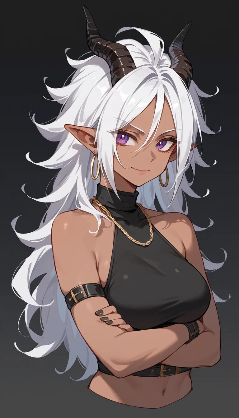 Dark-skinned tomboyish woman, black dragon horns on head, short Android 21 silver hair, violet eyes, long pointy ears, black scales on skin, gold jewelry, mischievous smile, white cropped halter top, dark blue jeans, black studded belts, jean chains, crossed arms, dark gradient background, detailed face, 1girl