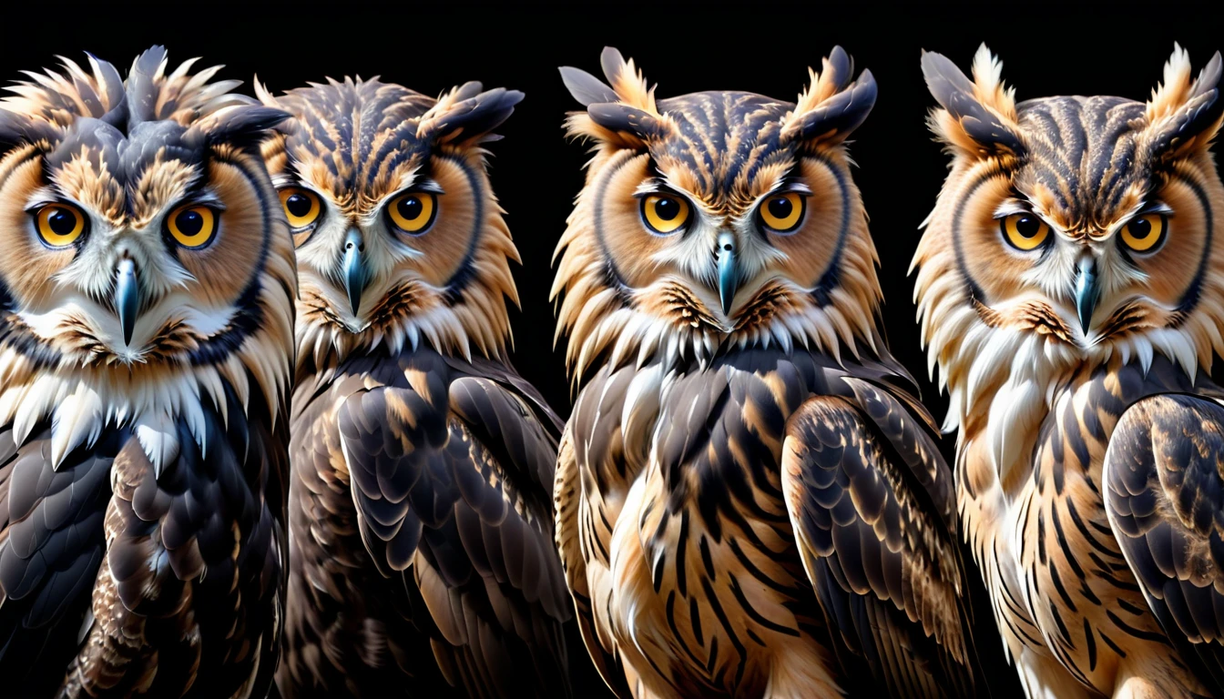 create an image divided into 3 parts, these images must be a close-up of the face of 3 animals, each is the representation of an archetype, first animal and an owl (located in the left corner in the first part of the image), second the lion (located in the center of the image), third animal is eagle (located in the third part of the image in the right corner of the image), the image must be divided equally vertically and no part must invade or overlap the other, the image must be made in black and white, ultra-realistic, 8k, extreme sharpness and details, black background, (Owl, Lion, Eagle), ( An image with 2 divisions and three parts), all facing the camera, division in black