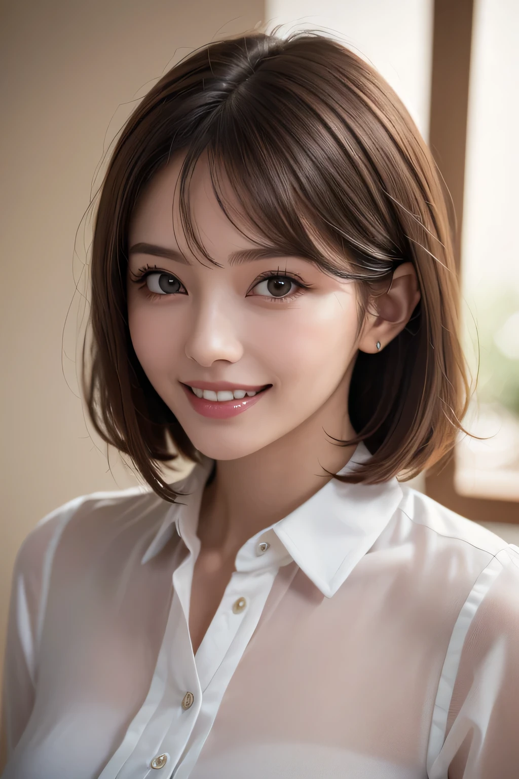 ((masterpiece)), ((Highest quality)), ((Complex)), ((Surreal)), (Realistic), (Mature Woman), ((No classes)), Very detailed, (1 female), Beautiful and exquisite, (Beautiful Teeth), Grin, Brunette bob hair, Brown eyes, ((blouse)), (Upper Body), (background:none), Perfect Eyes, Captivating eyes, Looking at the audience