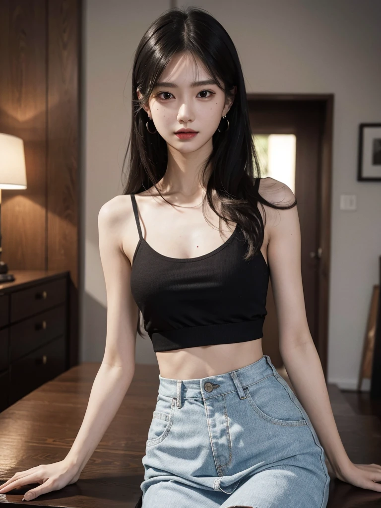 absurdres, RAW photo, extremely delicate and beautiful, masterpiece, Best Quality, ultra high resolution, 32k, hyperrealistic, ultra-detailed, perfect anatomy, anatomically correct, perfect figure, Perfect Style, Perfect balance, super Detailed skin, in her 20s, very Slim body, narrow waist, very small head, very small face, delicate facial features, detailed face, detailed eyes, tearful mole, earring, very huge round breasts, whole body shot, whole legs, medium hair, asymmetrical hair, indoor, skirt, black camisole, oversized clothes,