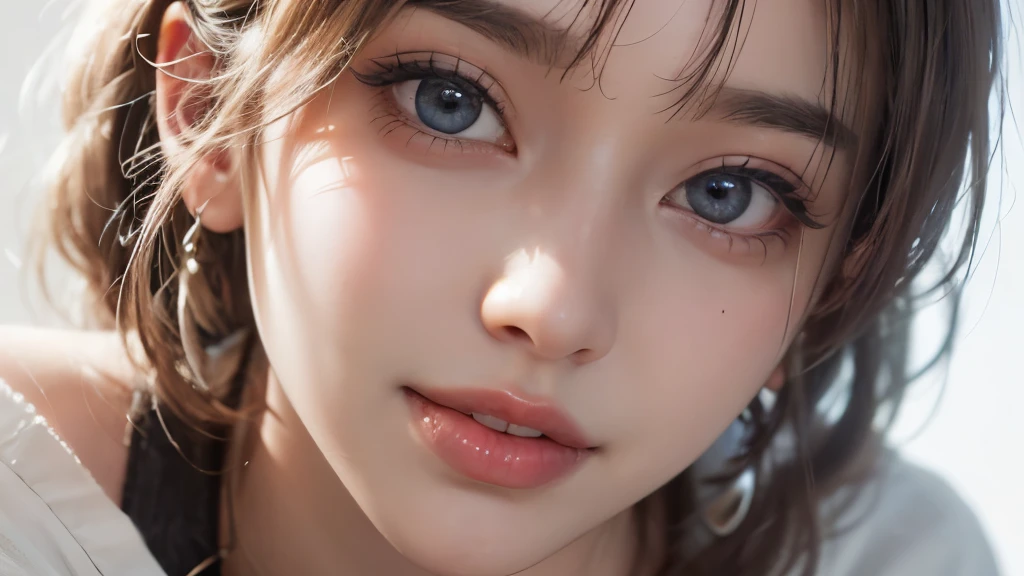 ((Highest quality, 8k, Best image quality, Ultra-high resolution)), beauty, 18-year-old, alone, ((big: 1.6)), Nipples, Baby Face, Round face, A kind smile, White teeth, Ultra-high definition and beautiful skin, Fair skin, Silver Hair, Shortcuts, blue sky, Very detailed and beautiful face, Off-the-shoulder T-shirt、Tulle miniskirt,(head shot:1.5)