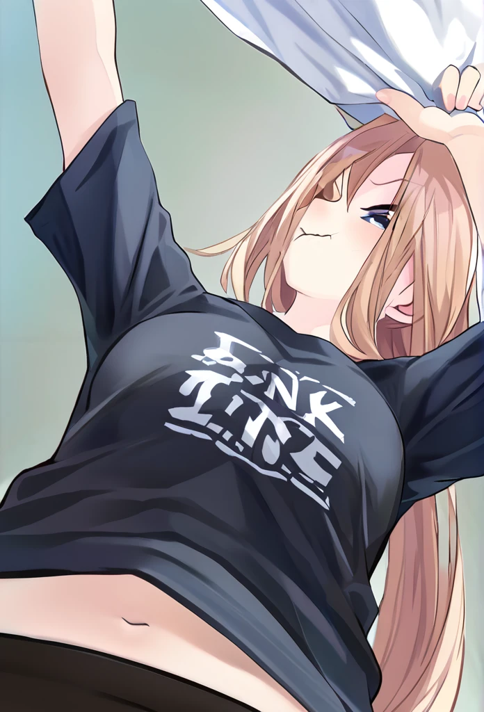 ultra-detailed, masterpiece, best quality, high resolution, female, flashing belly, showing a glimpse of navel a little, wearing a long t-shirt, lifting up shirt a little, from below, looking down on, teasing