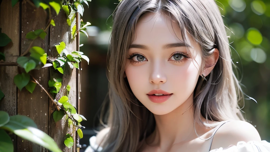 ((Highest quality, 8k, Best image quality, Ultra-high resolution)), beauty, 18-year-old, alone, ((big: 1.6)), Nipples, Baby Face, Round face, A kind smile, White teeth, Ultra-high definition and beautiful skin, Fair skin, Silver Hair, Shortcuts, blue sky, Very detailed and beautiful face, Off-the-shoulder T-shirt、Tulle miniskirt,(head shot:1.5)