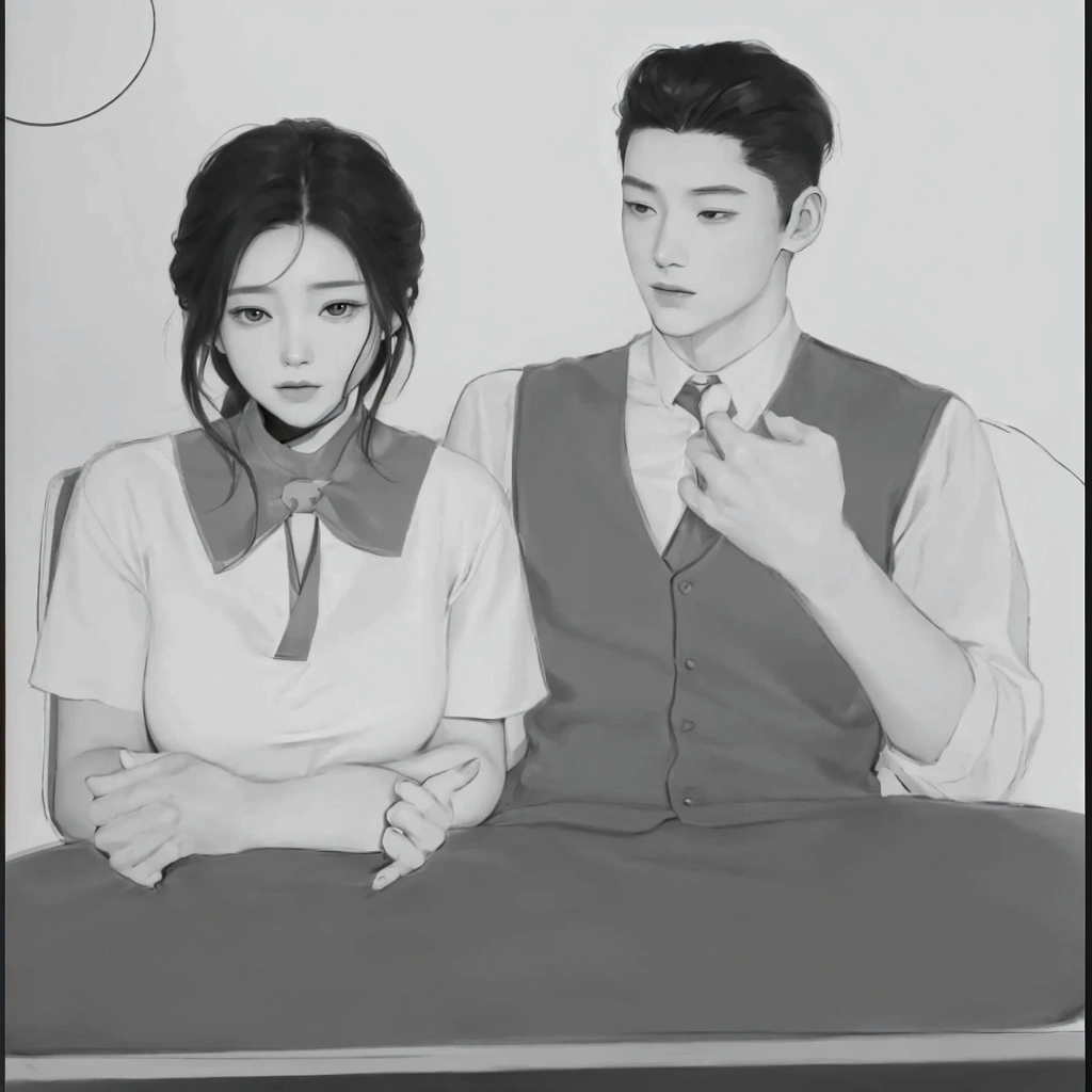 There is a drawing of a man and a woman sitting together., artwork in the style of Gouvice, Mostly in gray tones., Inspired by Sim Sa Jung, High quality fan art, By Shinkei, Gouvice, Sakimichan and Frank Franceta, Ruean Jia and Chao Ruean, Niksu and Sakimichan, Realistic art style