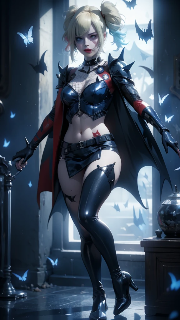 Batleen embodies the legacy of Batman and the redemption of Harley Quinn. In this anime-style design, she wears a combat suit that is predominantly black with dark blue accents and touches of red on the boots and gloves, combining elegance and functionality. Her short cape is aerodynamic, allowing for freedom of movement, and the Batman symbol on her chest is stylised with light blue details. The mask covers the upper half of her face, featuring a softer, more feminine design adorned with subtle details that reflect her unique identity. Batleen's hair is blonde with tips dyed blue and red, either tied up in a high ponytail or left loose depending on the situation. Her expressive eyes, accentuated with bold eyeliner, reveal her determination and internal conflict. She carries personalised batarangs with a diamond design, a collapsible hammer, and advanced technological gadgets. Her athletic and agile physique showcases her prowess in combat and acrobatics, while her confident stance as Batleen contrasts with her more relaxed and approachable demeanour as Harleen Quinzel.