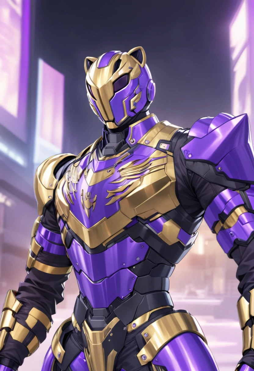 Kamen rider style armor, armor, lion themed, male, color purple, gold, helmet similar to a lions head, futuristic background 