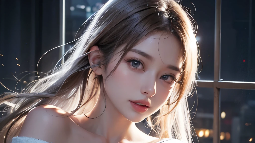 ((Highest quality, 8k, Best image quality, Ultra-high resolution)), beauty, 18-year-old, alone, ((big: 1.6)), Nipples, Baby Face, Round face, A kind smile, White teeth, Ultra-high definition and beautiful skin, Fair skin, Silver Hair, Shortcuts, blue sky, Very detailed and beautiful face, Off-the-shoulder T-shirt、Tulle miniskirt,(head shot:1.5)