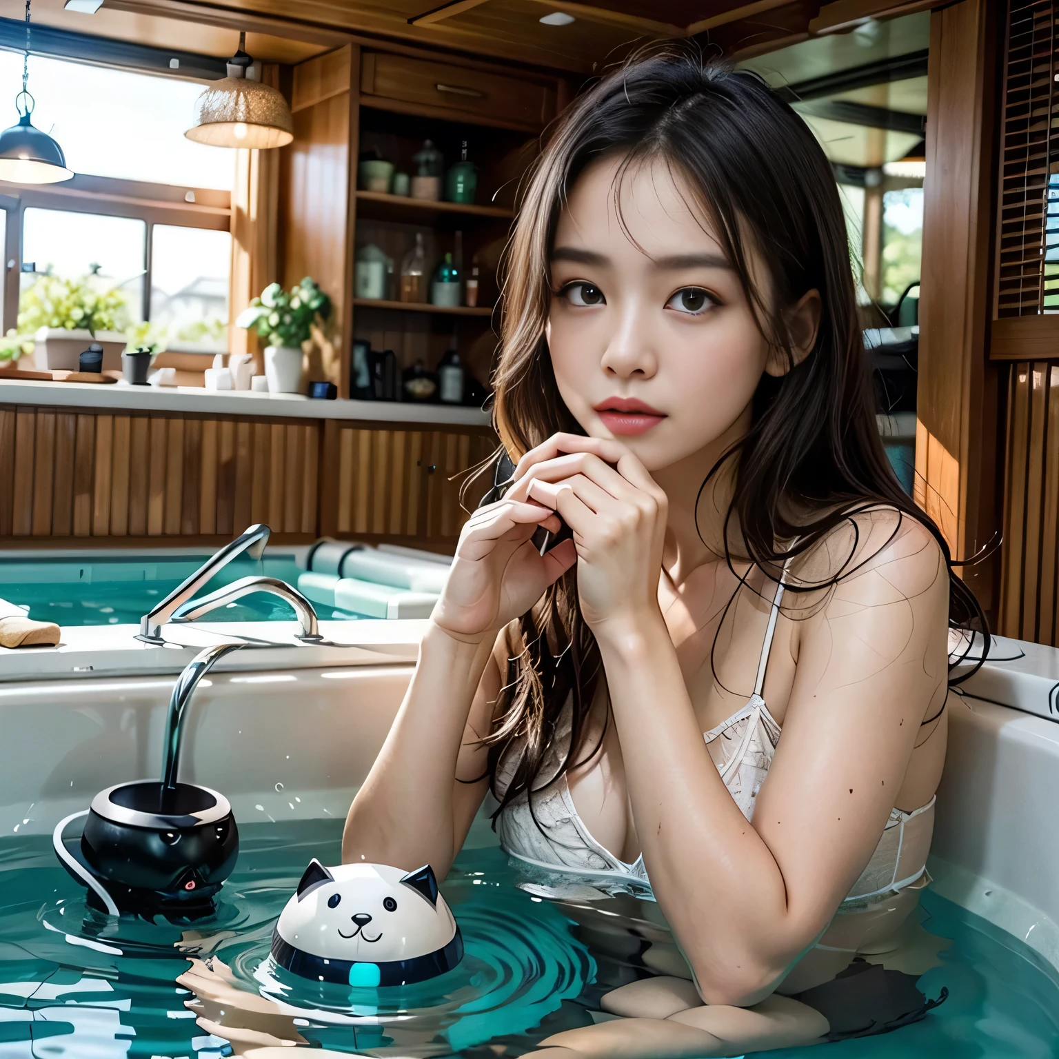 best quality, realistic, (pool:1.2), (toy boat:1.2)