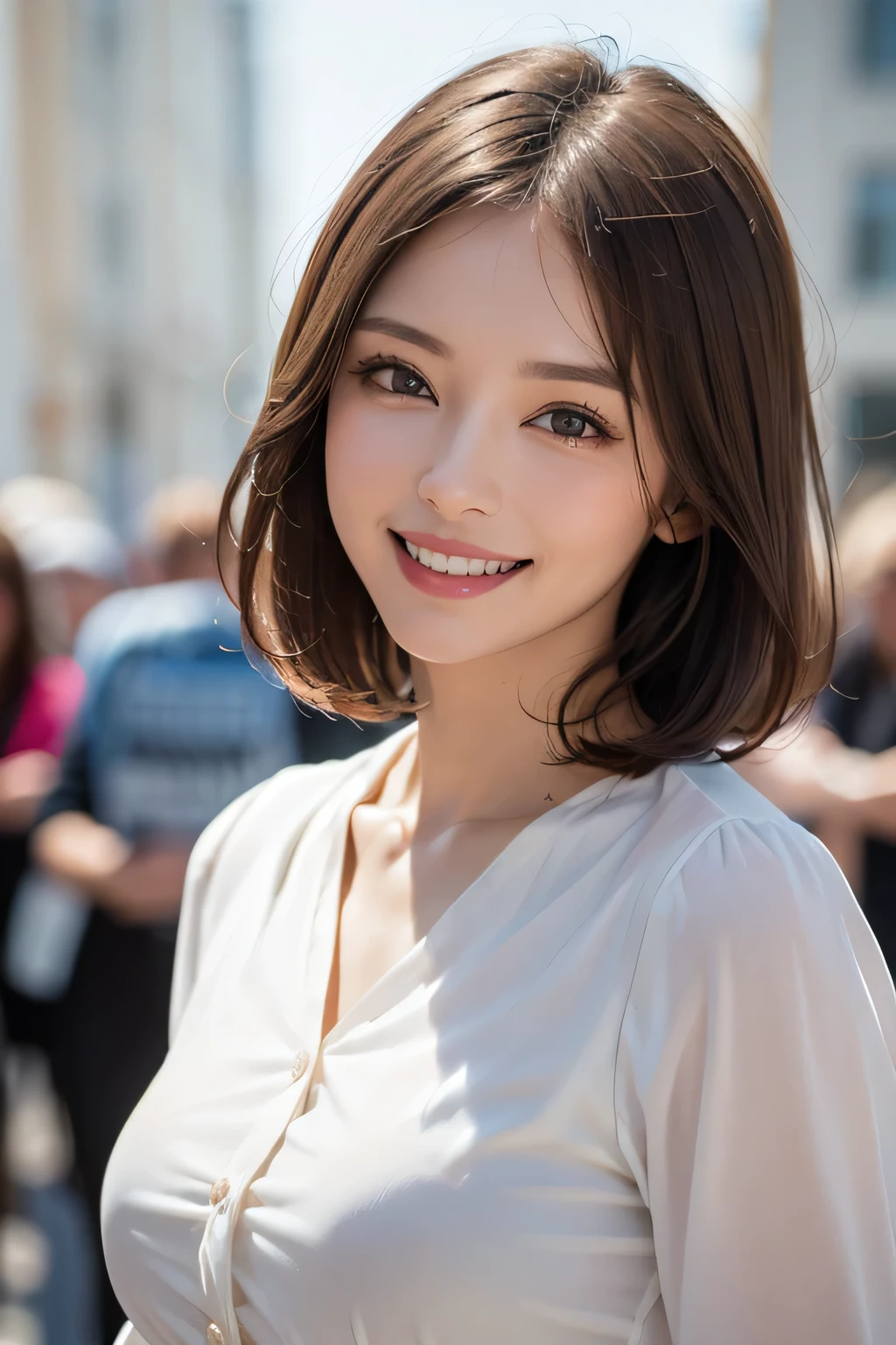 ((masterpiece)), ((Highest quality)), ((Complex)), ((Surreal)), (Realistic), (Mature Woman), ((No classes)), Very detailed, (1 female), Beautiful and exquisite, (Beautiful Teeth), Grin, Brunette bob hair, Brown eyes, ((blouse)), (Upper Body), (background:none), Perfect Eyes, Captivating eyes, Looking at the audience