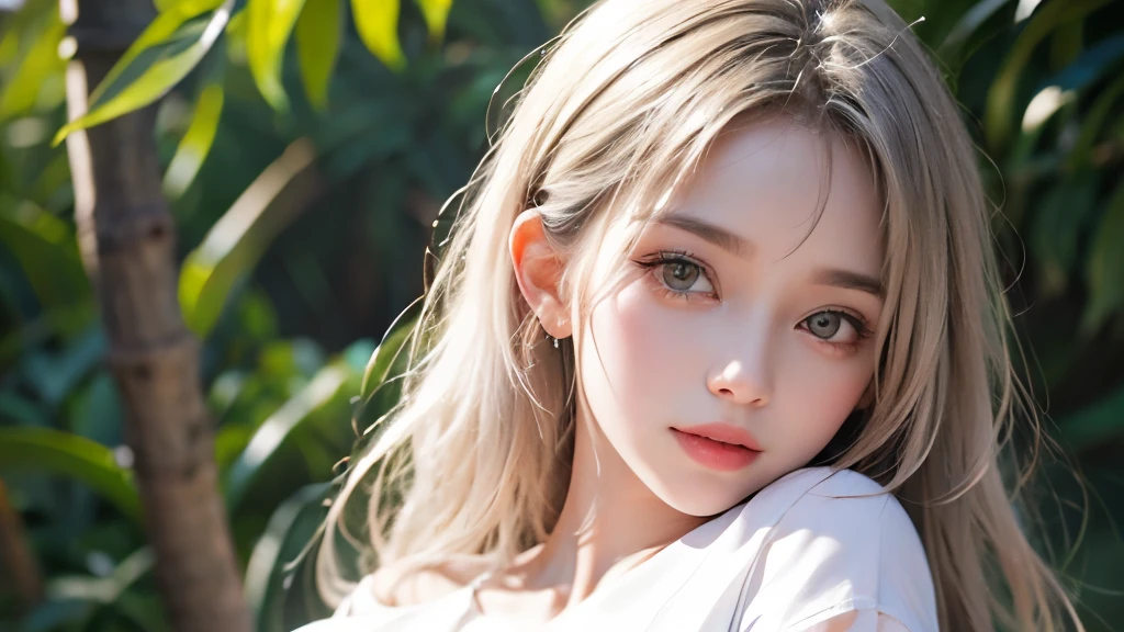 ((Highest quality, 8k, Best image quality, Ultra-high resolution)), beauty, 18-year-old, alone, ((big: 1.6)), Nipples, Baby Face, Round face, A kind smile, White teeth, Ultra-high definition and beautiful skin, Fair skin, Silver Hair, Shortcuts, blue sky, Very detailed and beautiful face, Off-the-shoulder T-shirt、Tulle miniskirt,(head shot:1.5)