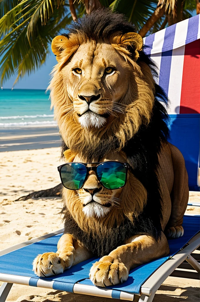 Lion with glasses, sits on a sun lounger on the seashore and drinks a cocktail