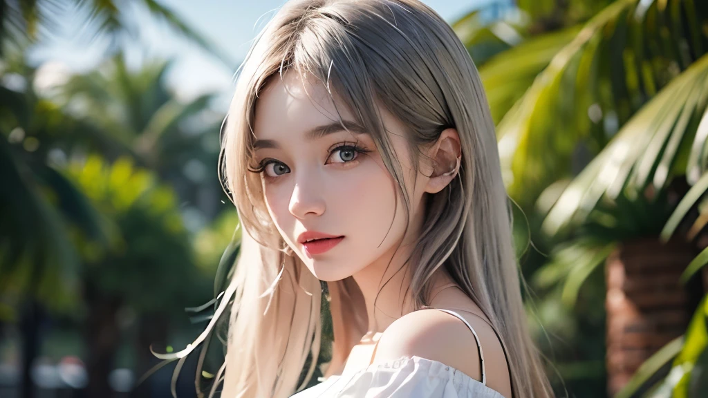 ((Highest quality, 8k, Best image quality, Ultra-high resolution)), beauty, 18-year-old, alone, ((big: 1.6)), Nipples, Baby Face, Round face, A kind smile, White teeth, Ultra-high definition and beautiful skin, Fair skin, Silver Hair, Shortcuts, blue sky, Very detailed and beautiful face, Off-the-shoulder T-shirt、Tulle miniskirt,(head shot:1.5)