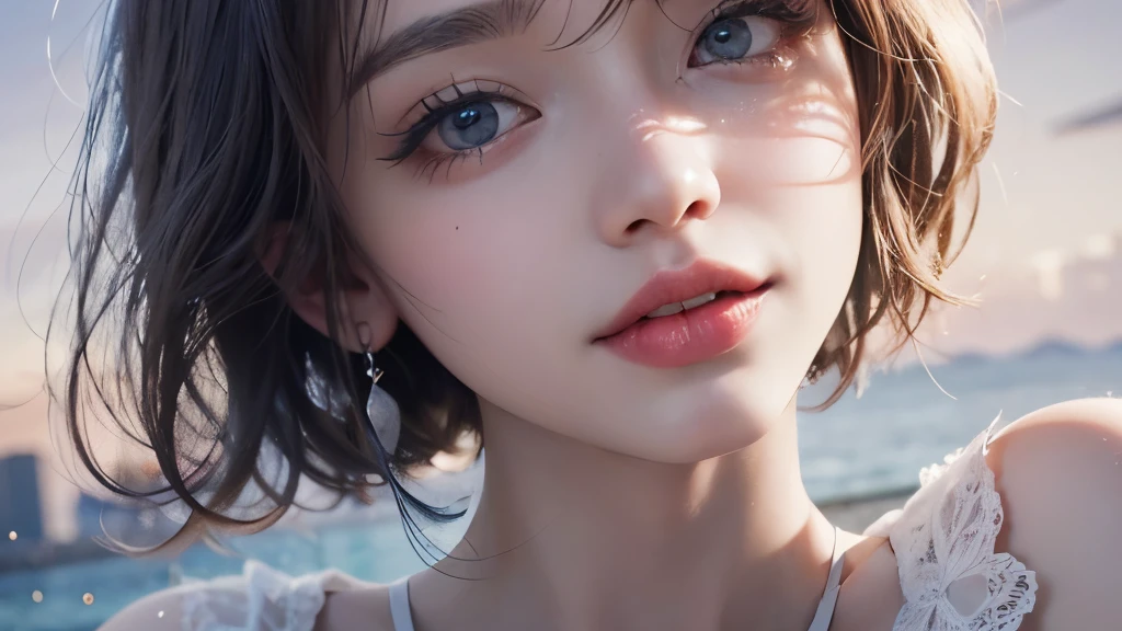 ((Highest quality, 8k, Best image quality, Ultra-high resolution)), beauty, 18-year-old, alone, ((big: 1.6)), Nipples, Baby Face, Round face, A kind smile, White teeth, Ultra-high definition and beautiful skin, Fair skin, Silver Hair, Shortcuts, blue sky, Very detailed and beautiful face, Off-the-shoulder T-shirt、Tulle miniskirt,(head shot:1.5)