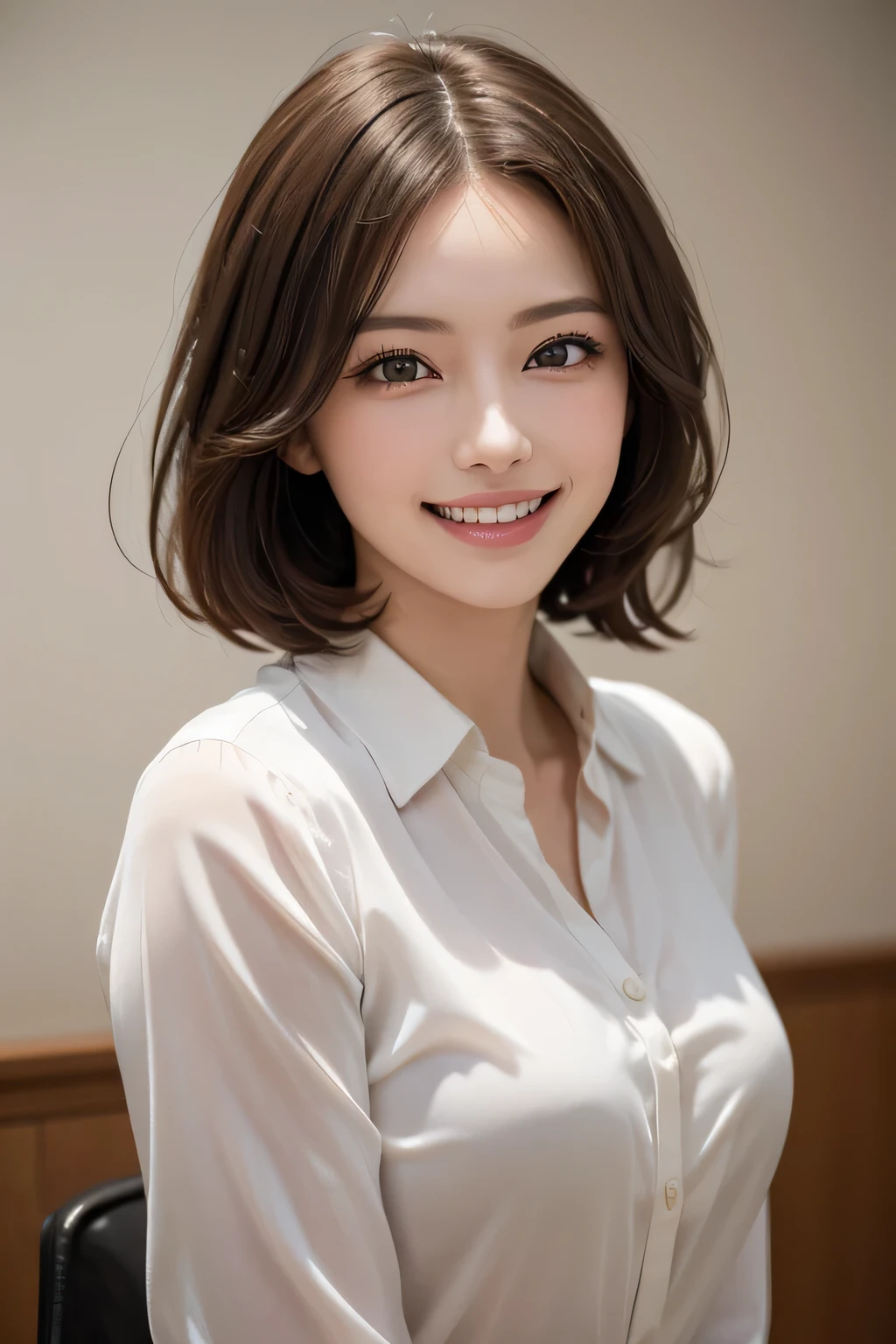 ((masterpiece)), ((Highest quality)), ((Complex)), ((Surreal)), (Realistic), (Mature Woman), ((No classes)), Very detailed, (1 female), Beautiful and exquisite, (Beautiful Teeth), Grin, Brunette bob hair, Brown eyes, ((blouse)), (Upper Body), (background:none), Perfect Eyes, Captivating eyes, Looking at the audience