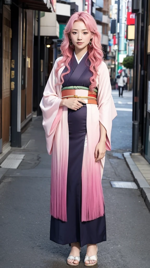 Cute Japanese woman, (), (very cute face), white moisturized skin, looking at the camera, melancholy expression,
BREAK,
Idol,
BREAK,
(wearing cute kimono: 1.3), (highly revealing kimono), very large earrings, short length,
BREAK,
(long hair), (pink hair: 1.4), (wavy hair), (gradient hair: 1.3), (red hair at the end),
BREAK,
(realistic: 1.3), masterpiece, perfect lighting, (ultra-high resolution), (8K), (highly detailed: 1.4), (from the front), (full body: 1.4), (symmetrical: 1.2), (one shot),
BREAK,
(Shibuya city in Japan: 1.2),
BREAK,
(Demon Slayer: 1.4),
BREAK,