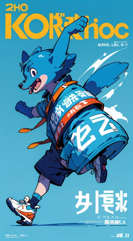 A bright blue dog-themed character, Wearing big sneakers, サイバーパンク, Magazine Cover, Simple Background, Running around, raised fist, projected inset, UHD, best quality, highres, 8k