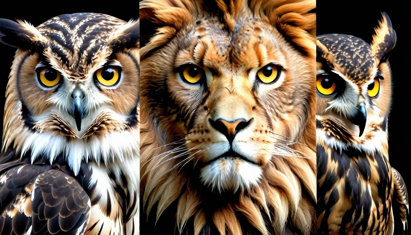 create an image divided into 3 parts, these images must be a close-up of the face of 3 animals, each is the representation of an archetype, first animal and an owl (located in the left corner in the first part of the image), second the lion (located in the center of the image), third animal is eagle (located in the third part of the image in the right corner of the image), the image must be divided equally vertically and no part must invade or overlap the other, the image must be made in black and white, ultra-realistic, 8k, extreme sharpness and details, black background, (Owl, Lion, Eagle), ( An image with 2 divisions and three parts), all facing the camera, division in black