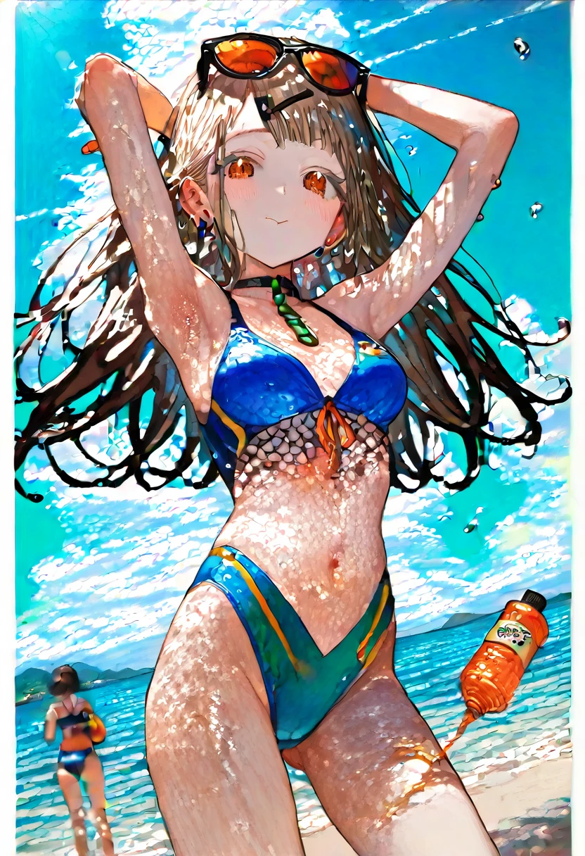 Highest quality, masterpiece, No fixes, Beark 1 Trouble Girl,shinosawa hiro,thin,Orange eyes,Swimsuit,Oil