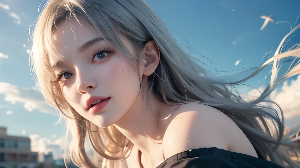 ((Highest quality, 8k, Best image quality, Ultra-high resolution)), beauty, 18-year-old, alone, ((big: 1.6)), Nipples, Baby Face, Round face, A kind smile, White teeth, Ultra-high definition and beautiful skin, Fair skin, Silver Hair, Shortcuts, blue sky, Very detailed and beautiful face, Off-the-shoulder T-shirt、Tulle miniskirt,(head shot:1.5)