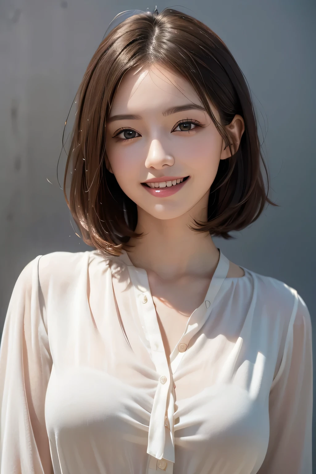 ((masterpiece)), ((Highest quality)), ((Complex)), ((Surreal)), (Realistic), ( Woman), ((No classes)), Very detailed, (1 female), Beautiful and exquisite, (Beautiful Teeth), Grin, Brunette bob hair, Brown eyes, ((blouse)), (Upper Body), (background:none), Perfect Eyes, Captivating eyes, Looking at the audience