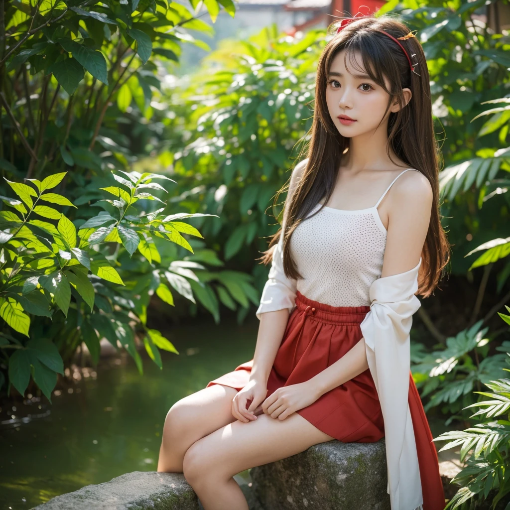 masterpiece, best quality, SFW, rich and colorful, 1 Girl, Solitary, Reimu Hakurei, Brown hair, Brown eyes, Long hair, Capillary, Small Breasts, 蓝色background, 蓝色background, 粉红色background, background, 圆点background, (Halftone)，