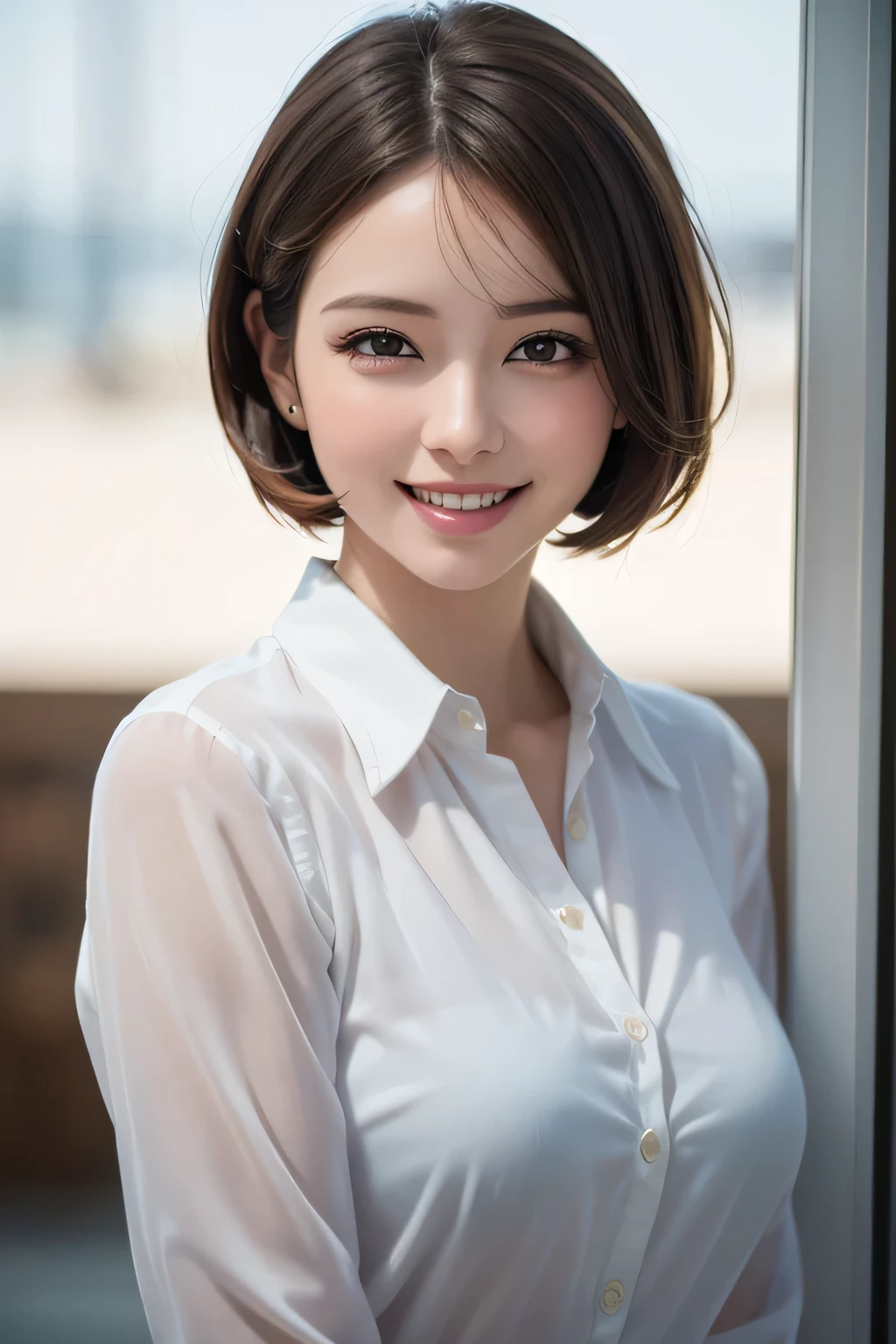 ((masterpiece)), ((Highest quality)), ((Complex)), ((Surreal)), (Realistic), (Mature Woman), ((No classes)), Very detailed, (1 female), Beautiful and exquisite, (Beautiful Teeth), Grin, Brunette bob hair, Brown eyes, ((blouse)), (Upper Body), (background:none), Perfect Eyes, Captivating eyes, Looking at the audience
