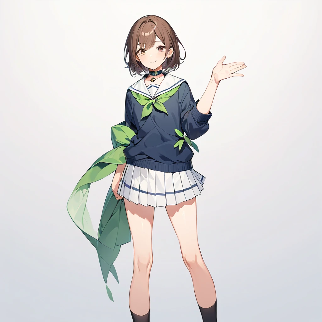 - **Hair**: Short, brown hair with a simple, straight style, reaching just below the ears.
- **Face**: Fair complexion with a gentle and friendly expression. She has brown eyes and a small smile.
- **Clothing**:
- **Top**: Navy blue cardigan worn over a white sailor-style with green accents on the collar and a green ribbon tied in front.
- **Bottom**: Short pleated skirt with white and green stripes.
- **Accessories**: Green ribbon tied around the collar with a small pendant.
- **Footwear**: Brown loafers with black knee-high socks.
- **Pose**: Standing with her left hand on her hip and her right arm extended outward.
- **Build**: Slim and of average height, indicating a typical .solo, No background