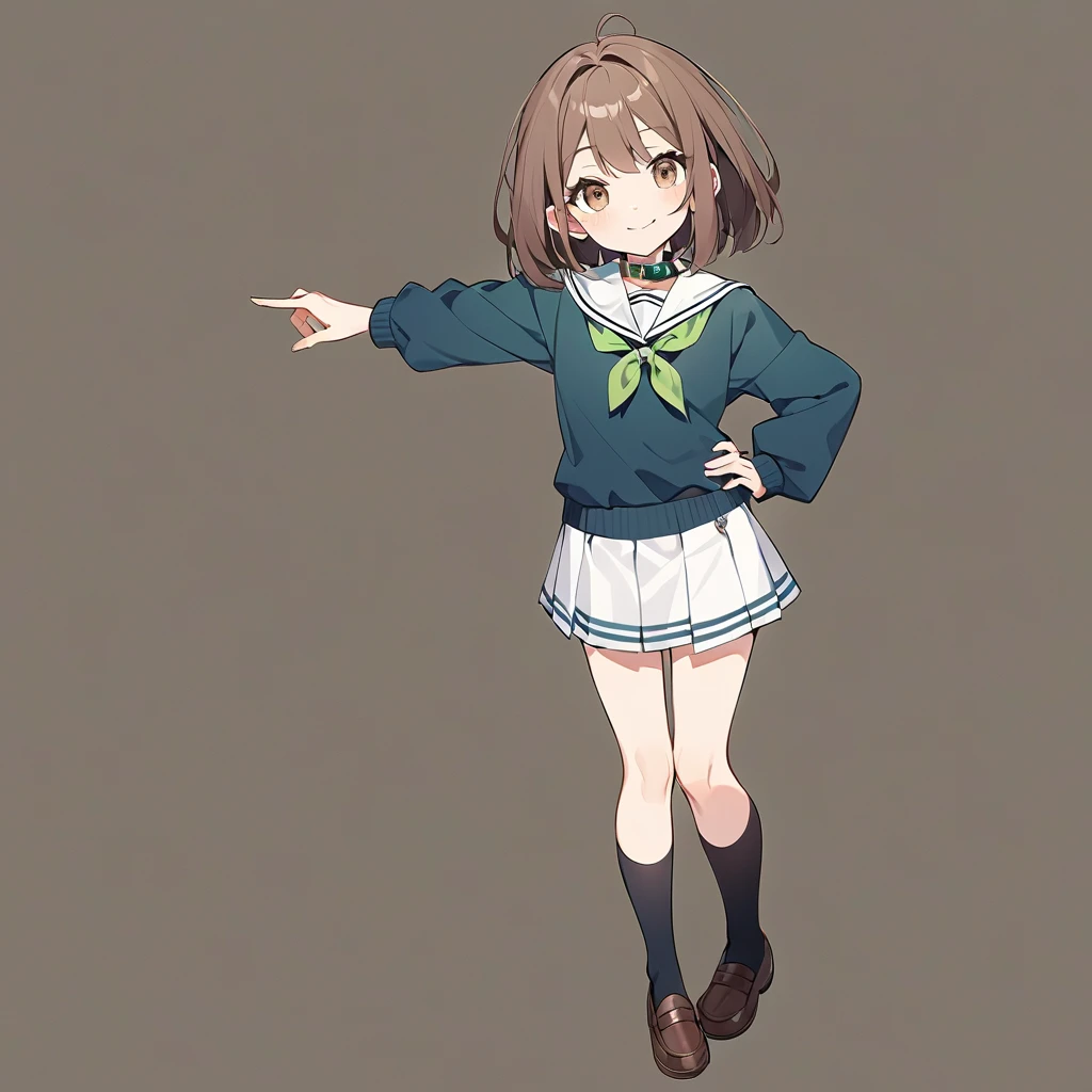 - **Hair**: Short, brown hair with a simple, straight style, reaching just below the ears.
- **Face**: Fair complexion with a gentle and friendly expression. She has brown eyes and a small smile.
- **Clothing**:
  - **Top**: Navy blue cardigan worn over a white sailor-style  with green accents on the collar and a green ribbon tied in front.
  - **Bottom**: Short pleated skirt with white and green stripes.
- **Accessories**: Green ribbon tied around the collar with a small pendant.
- **Footwear**: Brown loafers with black knee-high socks.
- **Pose**: Standing with her left hand on her hip and her right arm extended outward.
- **Build**: Slim and of average height, indicating a typical .solo, No background

