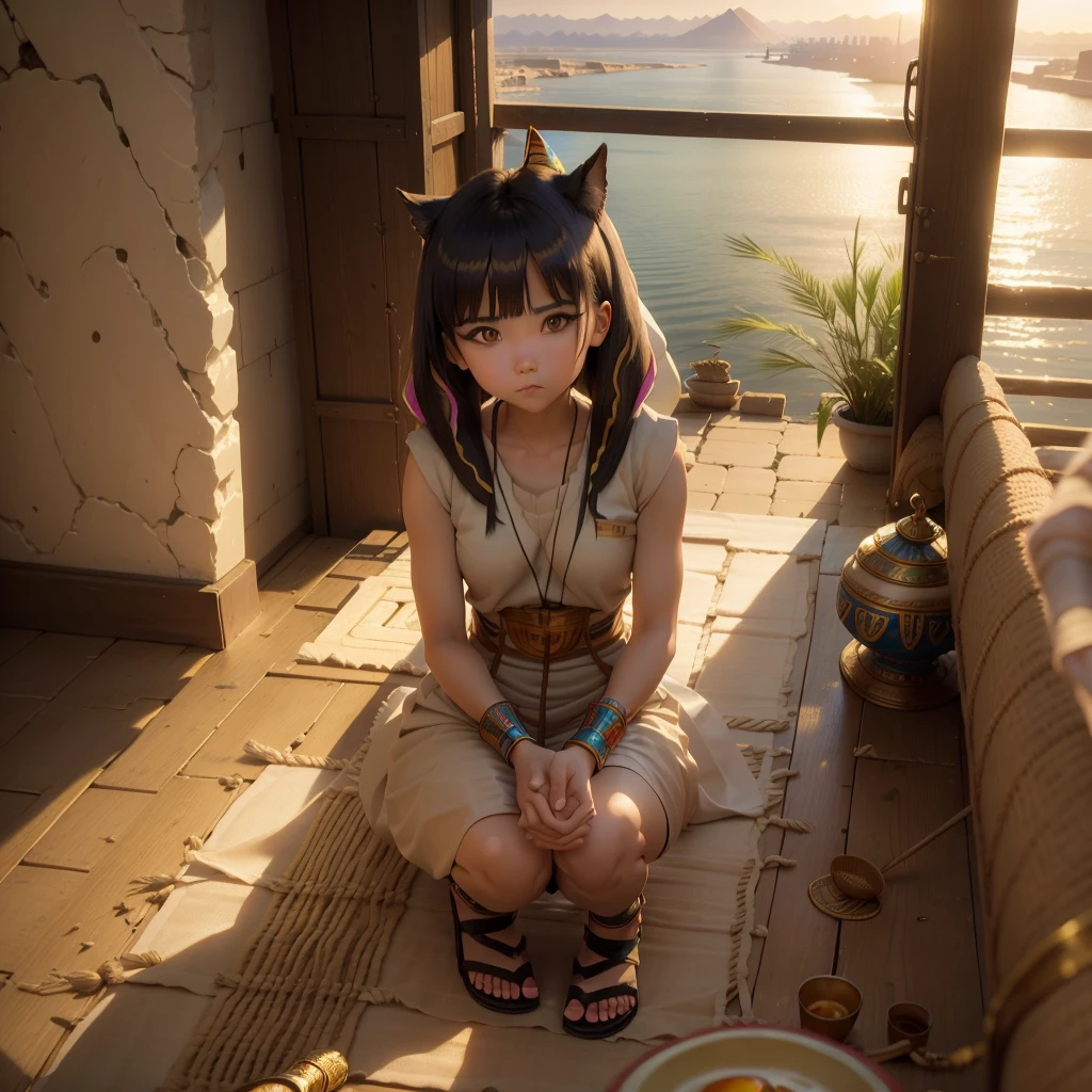 かわいいAncient Egyptの15歳の女の子、Ancient Egypt、View of the Nile、A colorful view of the whole、whole body、Low - Angle、Standing posture、Reeds are growing、Ancient Egyptの船、Ancient Egyptの風景、Sunset、