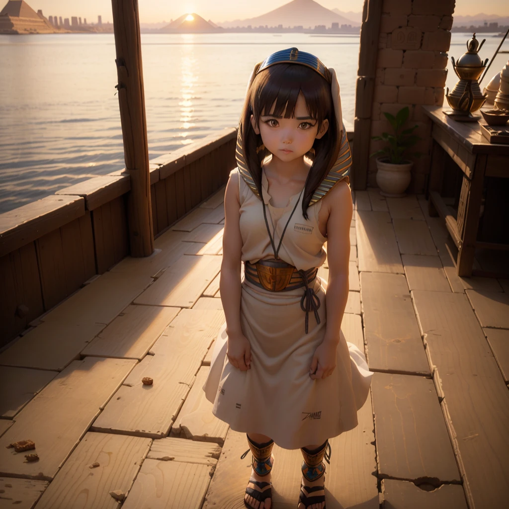 かわいいAncient Egyptの15歳の女の子、Ancient Egypt、View of the Nile、A colorful view of the whole、whole body、Low - Angle、Standing posture、Reeds are growing、Ancient Egyptの船、Ancient Egyptの風景、Sunset、