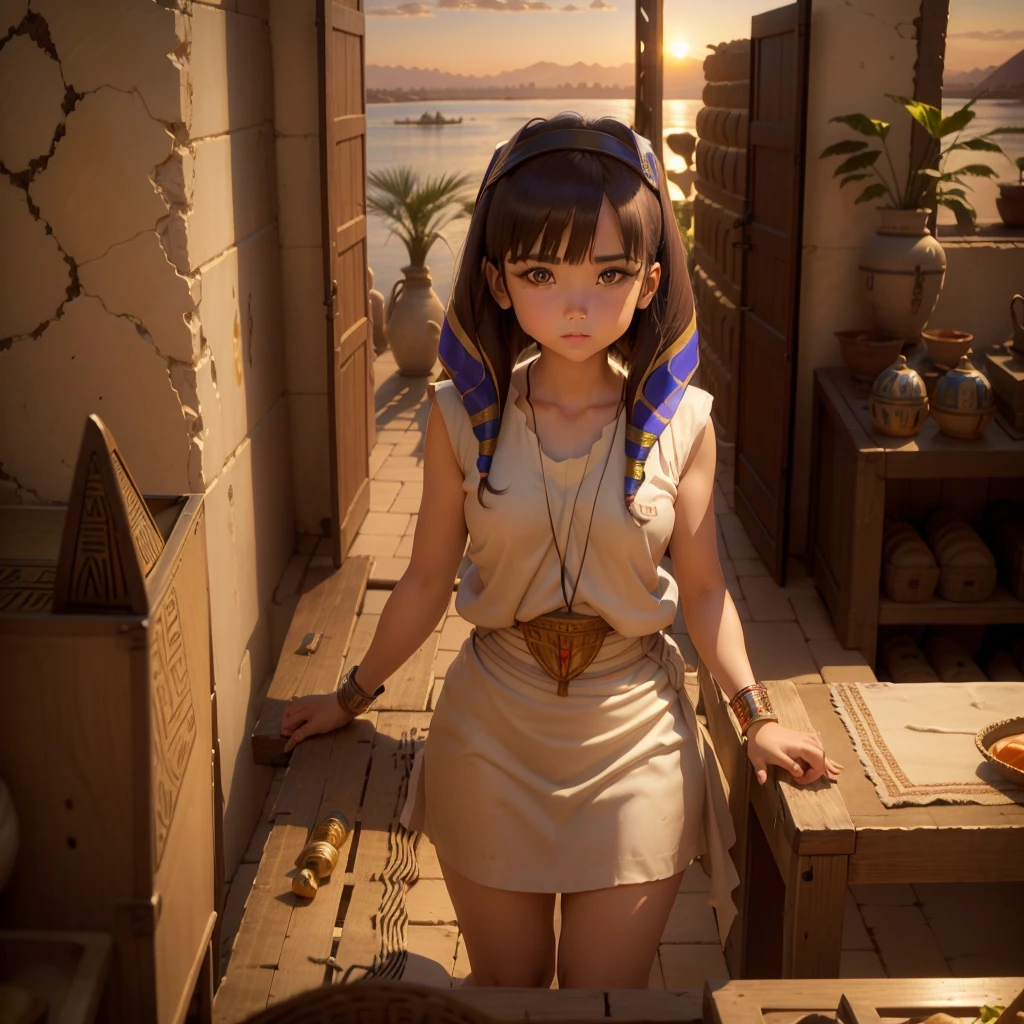かわいいAncient Egyptの15歳の女の子、Ancient Egypt、View of the Nile、A colorful view of the whole、whole body、Low - Angle、Standing posture、Reeds are growing、Ancient Egyptの船、Ancient Egyptの風景、Sunset、